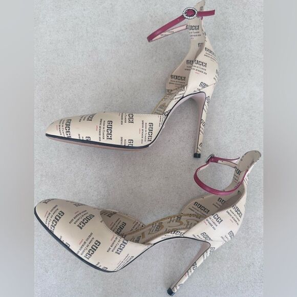 Gucci Apollo Gucci Stamp Print Beige Leather Logo Ankle Strap Pumps EU37.5 US7.5 - Picture 10 of 12
